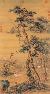 Lang shining deer in autumn antique Chinese Oil Paintings